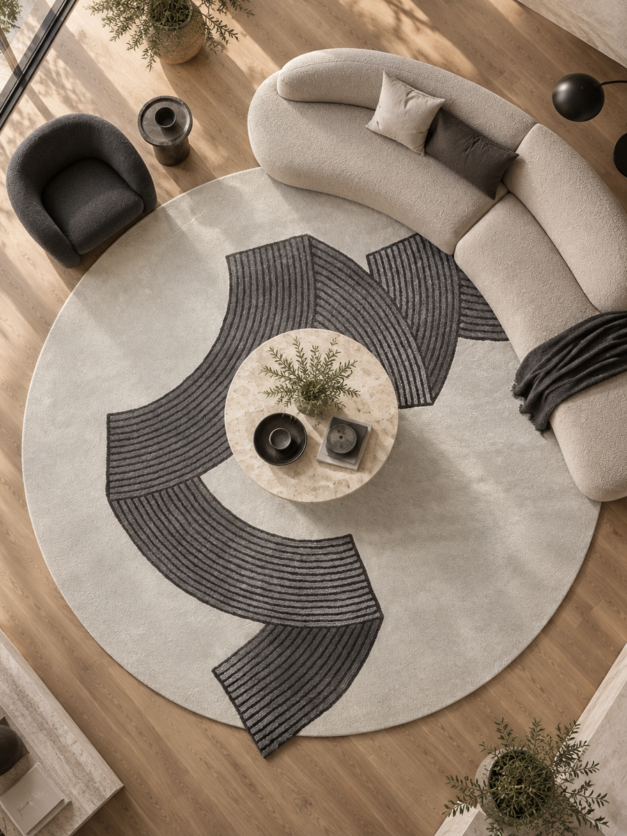 Rond abstract vloerkleed Plooi met antracietgrijze lintbanen op crème, collectie abstract en lijnwerk