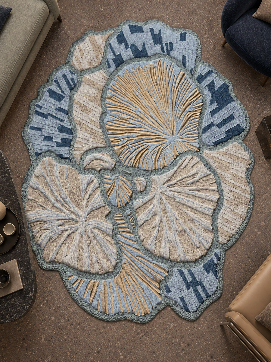 Vloerkleed Ginkgo met bladeren in hoog reliëf in zand en ijsblauw, collectie sculpturaal reliëf