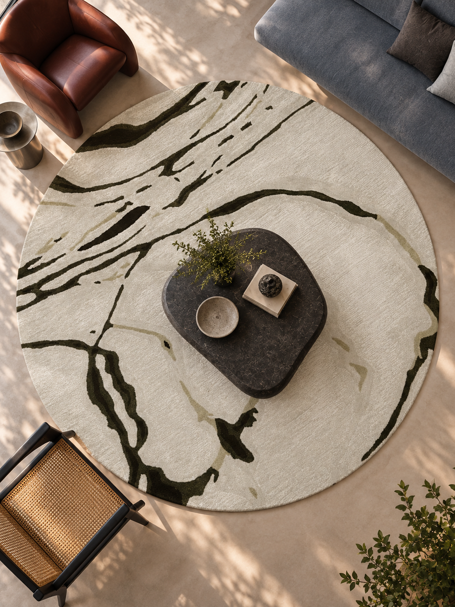 Rond designervloerkleed Marmer van Lanificio met groene aders op crème onder een stenen salontafel