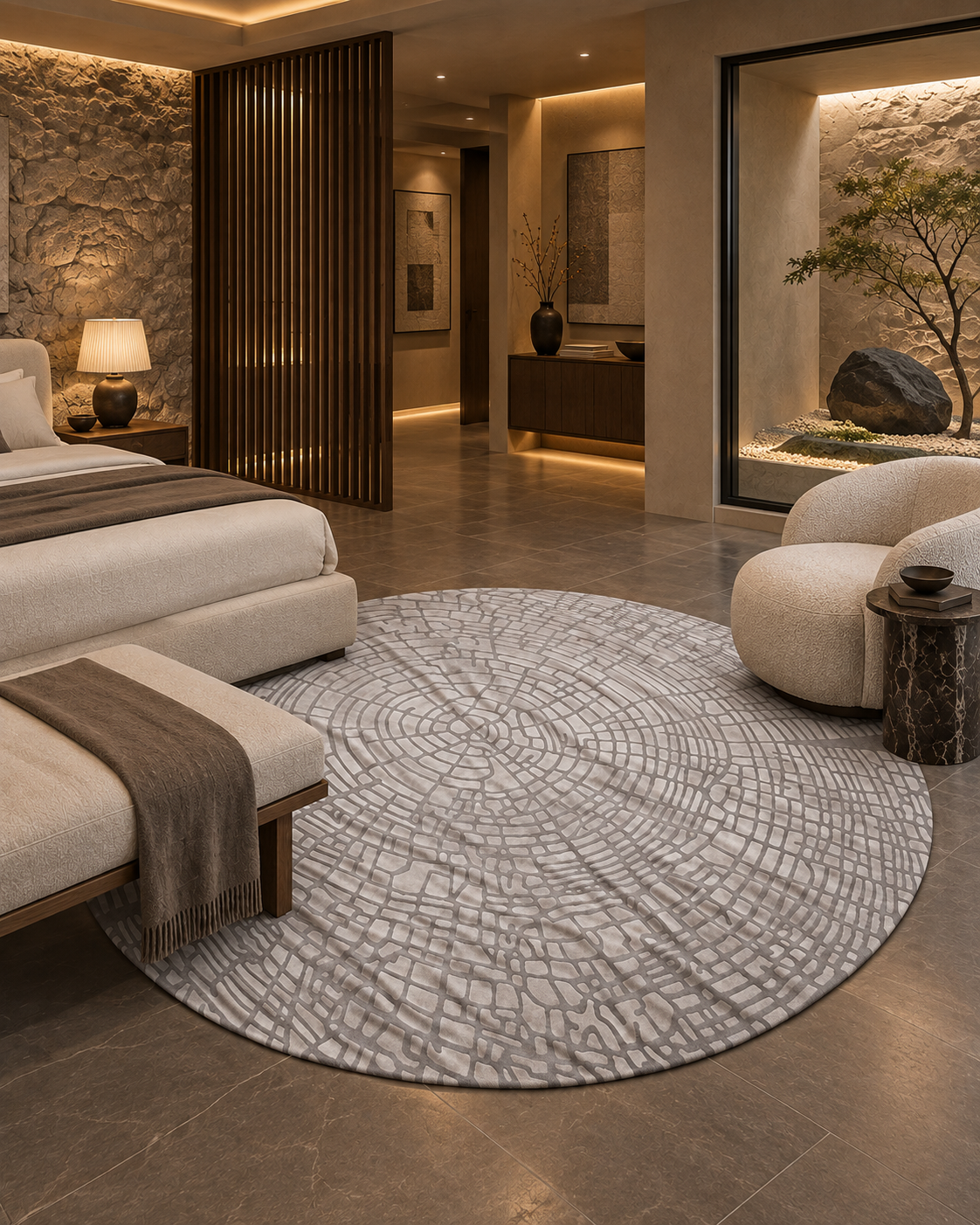 Slaapkamer in hotelstijl met een rond grijs kleed voor het bed