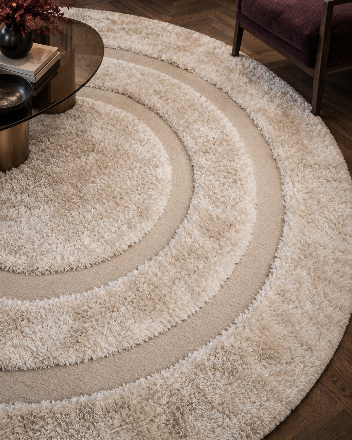 Echo vloerkleed MZ-Y013, concentrische ringen in crème die uit het oppervlak omhoog komen, beeld 5