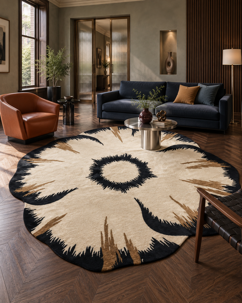 Anemoon vloerkleed MZ-Y016, een bloemvorm in crème met een diepzwart hart en geveerde bladpunten in bruin, beeld 2