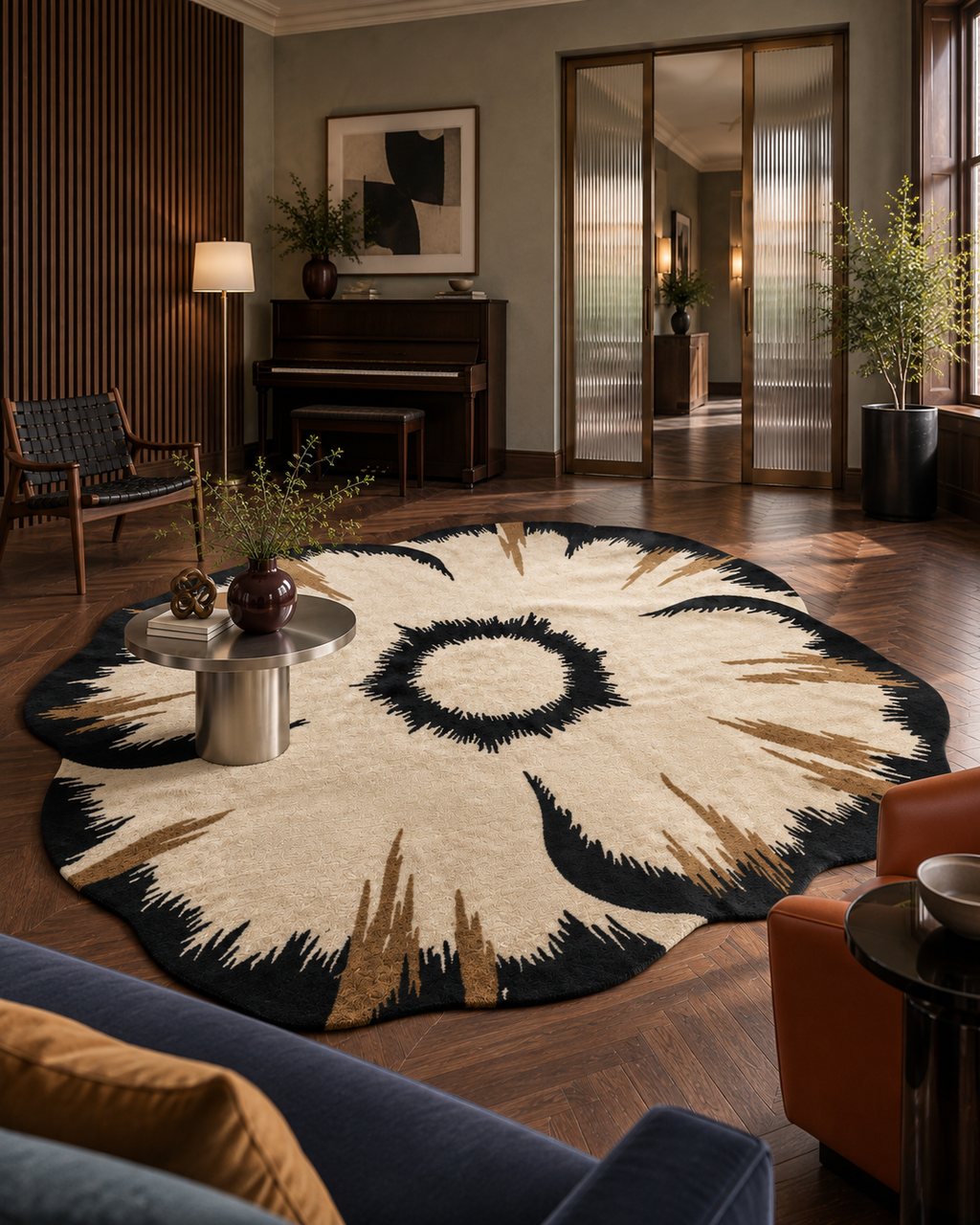 Anemoon vloerkleed MZ-Y016, een bloemvorm in crème met een diepzwart hart en geveerde bladpunten in bruin, beeld 3