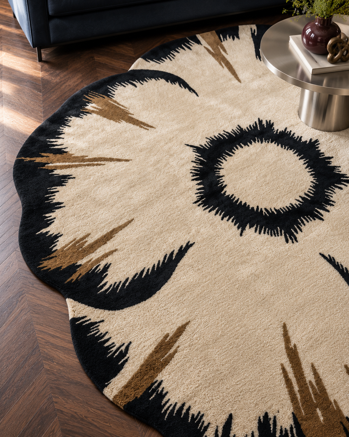 Anemoon vloerkleed MZ-Y016, een bloemvorm in crème met een diepzwart hart en geveerde bladpunten in bruin, beeld 5