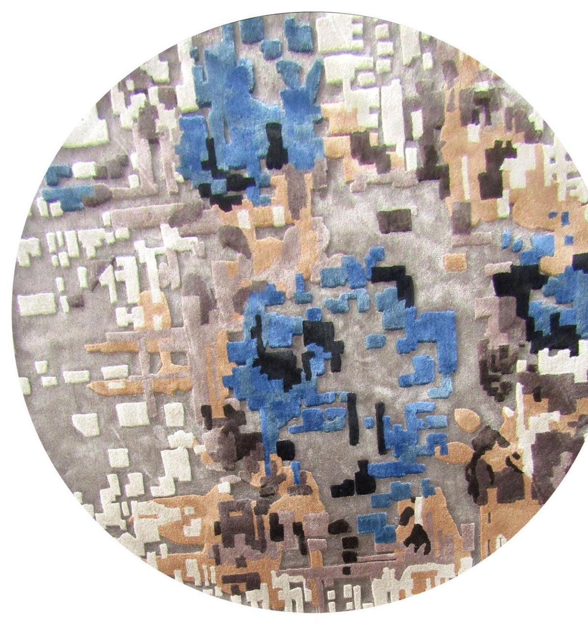 Pixel vloerkleed MZ-Y020, blauwe en bruine vlekken lopen in elkaar over als een uitvergrote, verweerde foto