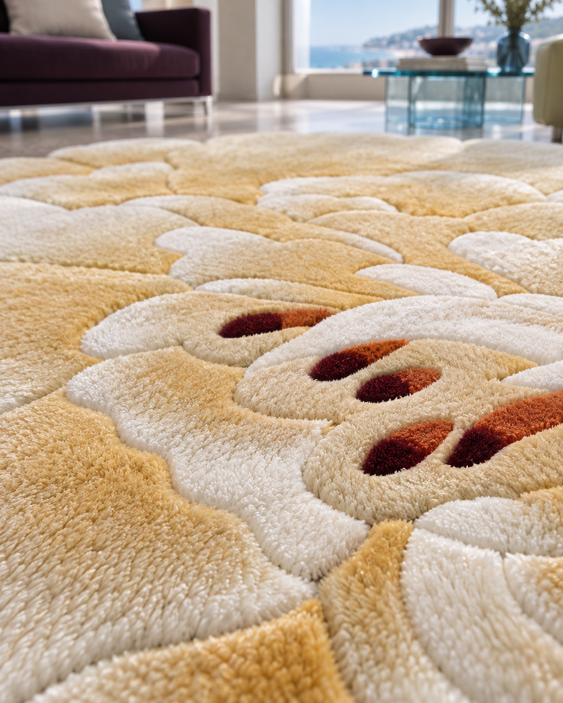 Pioen vloerkleed MZ-Y024, een uitgesneden pioenroos in crème en zacht geel, met bloemblaadjes die in reliëf omhoog komen, beeld 4