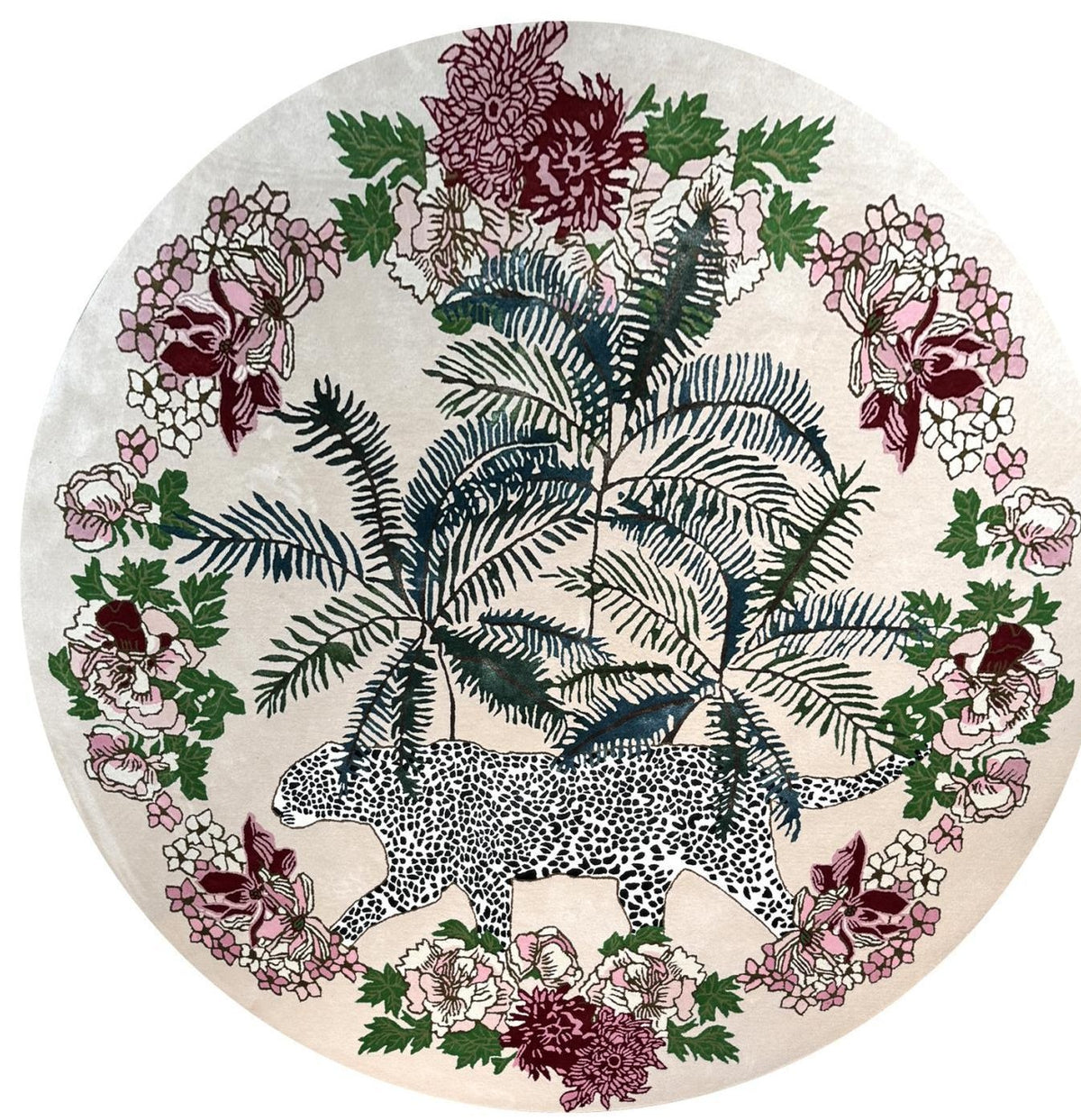 Jungle vloerkleed MZ-Y028, palmbladeren en bloemen in bordeaux en groen op een crème ondergrond