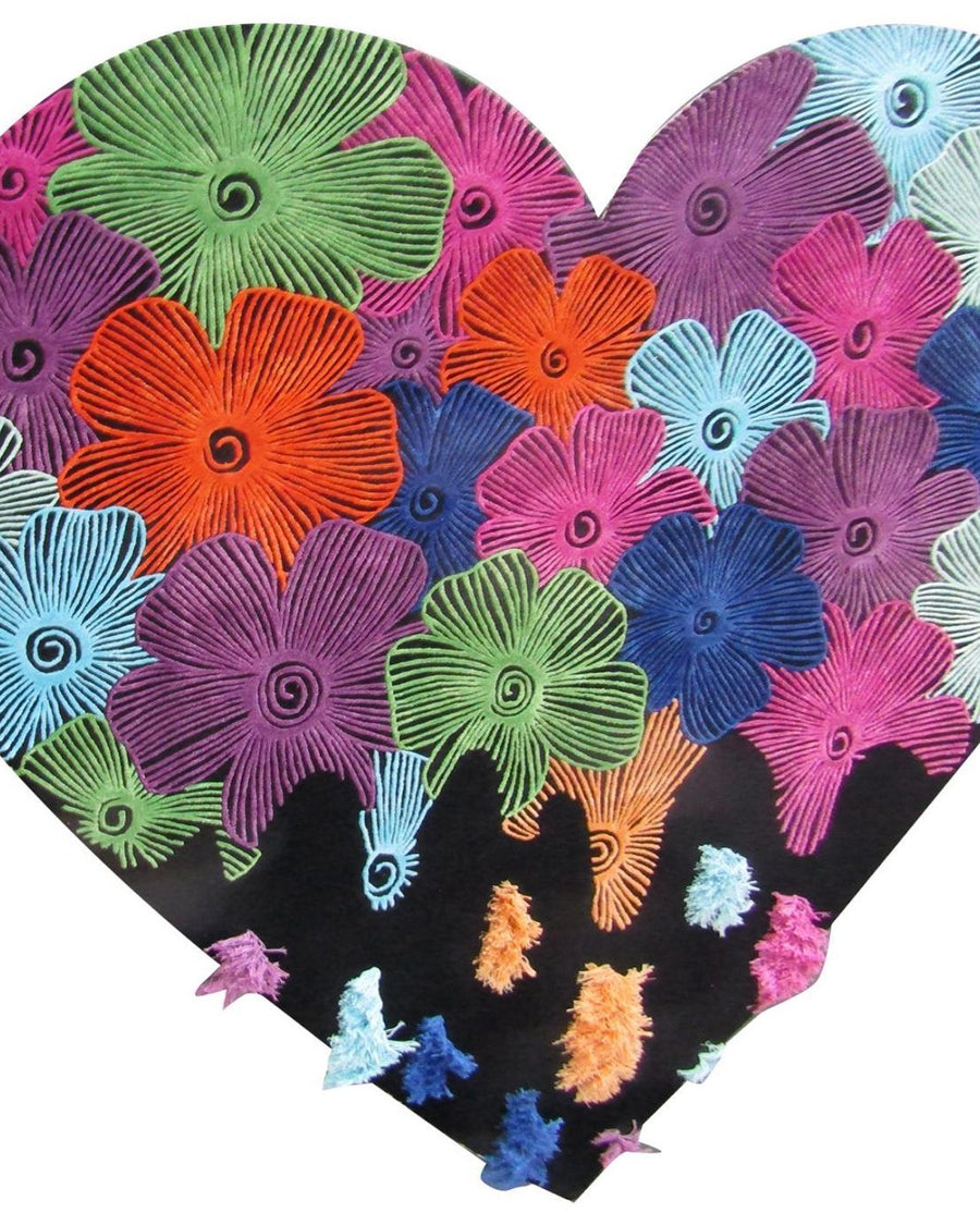 Hart vloerkleed MZ-Y033, een hartvormig kleed met felgekleurde bloemen op een zwarte ondergrond