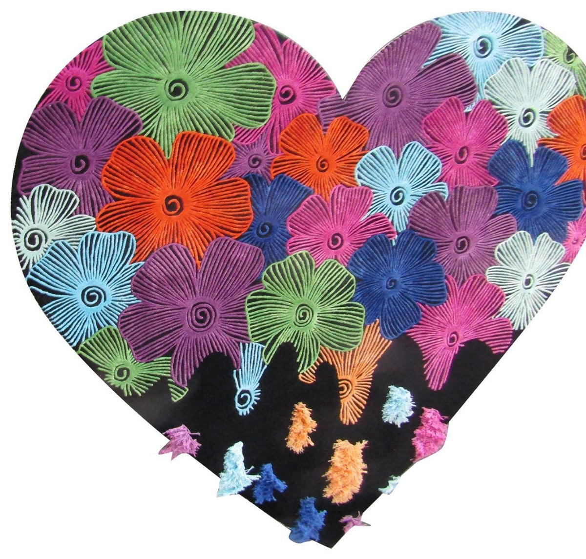 Hart vloerkleed MZ-Y033, een hartvormig kleed met felgekleurde bloemen op een zwarte ondergrond