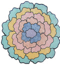 Roosvenster vloerkleed MZ-Y036, laag over laag pastelkleurige bloemblaadjes in blauw, geel en roze