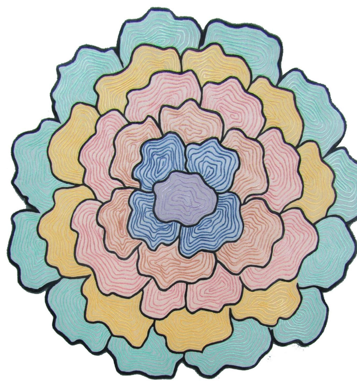 Roosvenster vloerkleed MZ-Y036, laag over laag pastelkleurige bloemblaadjes in blauw, geel en roze