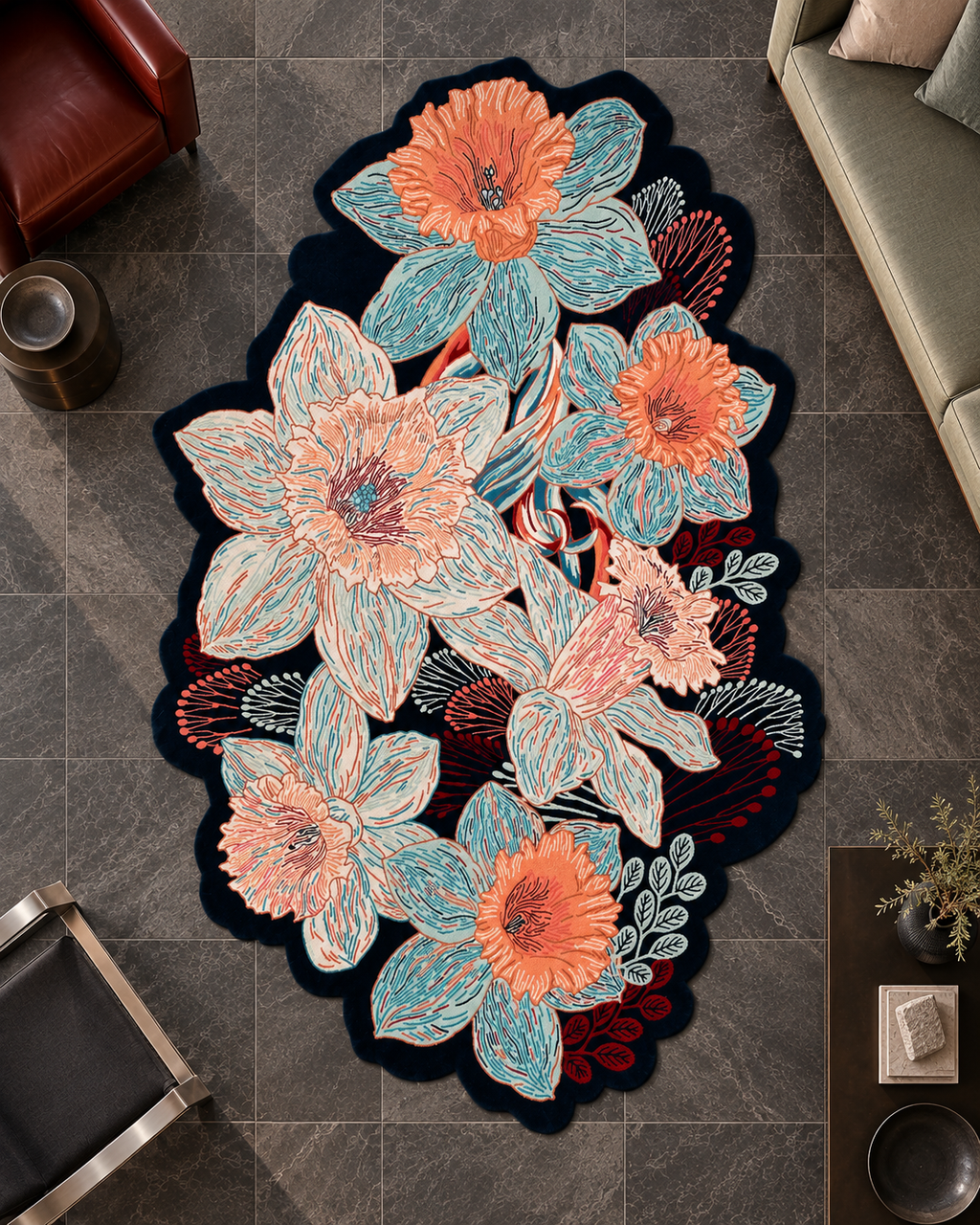Bloesem vloerkleed MZ-Y072, koraalroze en lichtblauwe bloemen op een donkere ondergrond, met een rand die de bloemen volgt, beeld 3