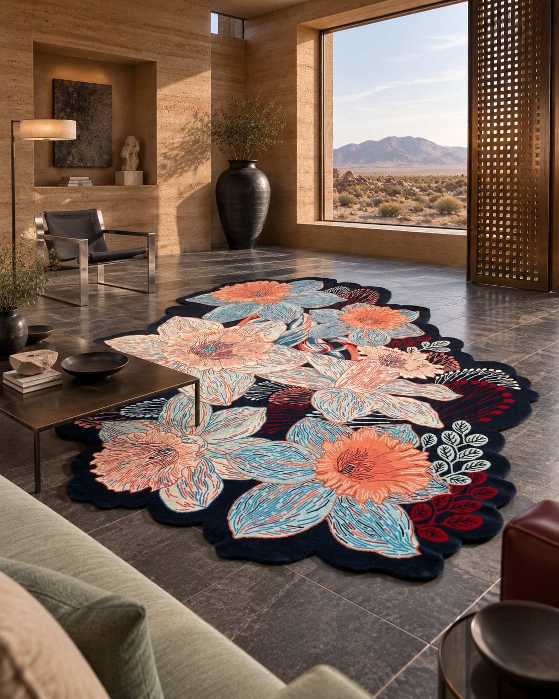 Bloesem vloerkleed MZ-Y072, koraalroze en lichtblauwe bloemen op een donkere ondergrond, met een rand die de bloemen volgt, beeld 1