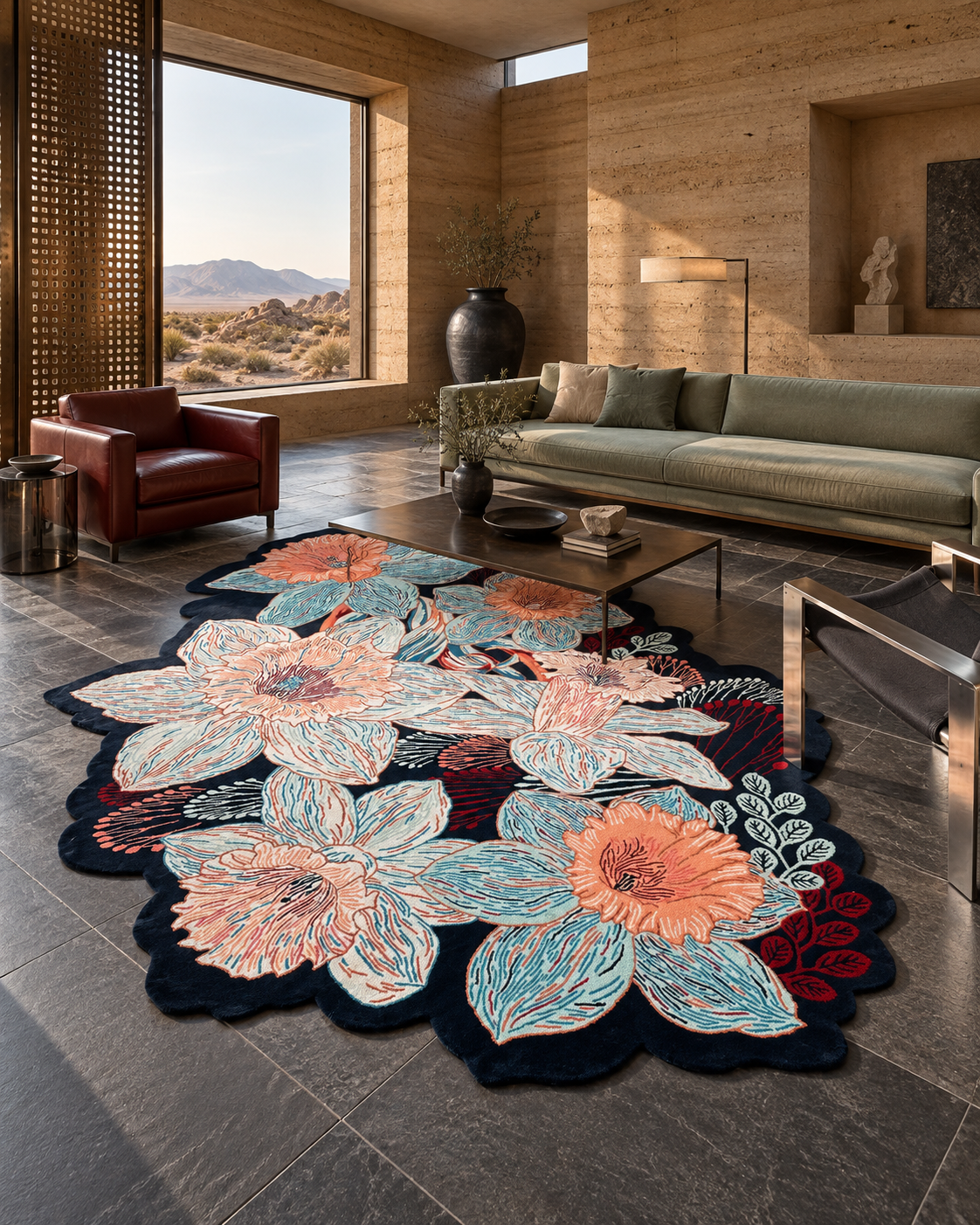 Bloesem vloerkleed MZ-Y072, koraalroze en lichtblauwe bloemen op een donkere ondergrond, met een rand die de bloemen volgt, beeld 4