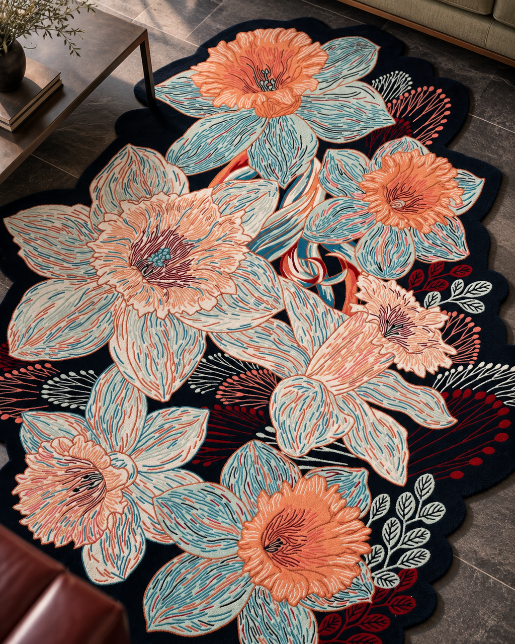 Bloesem vloerkleed MZ-Y072, koraalroze en lichtblauwe bloemen op een donkere ondergrond, met een rand die de bloemen volgt, beeld 5