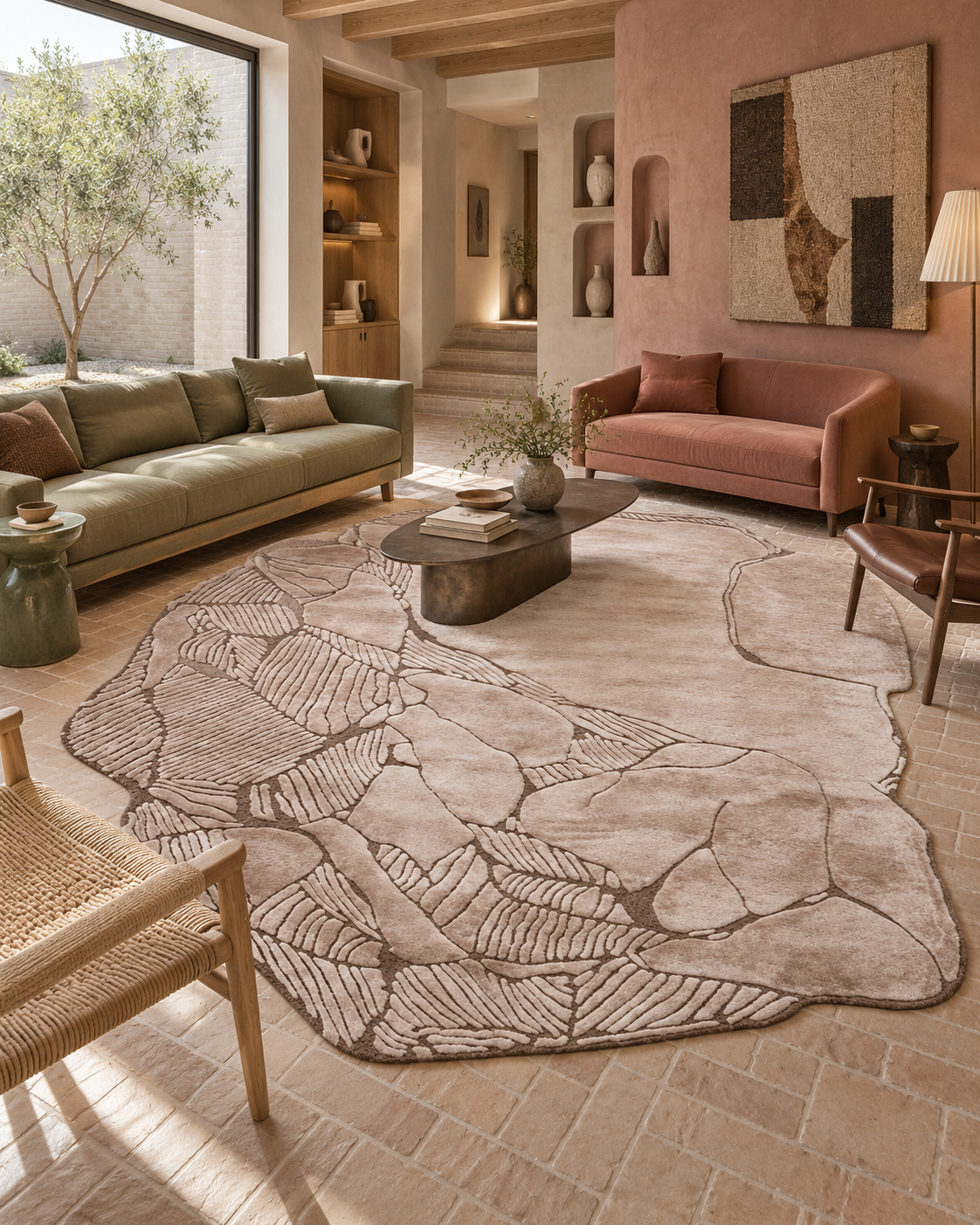 Steenlaag vloerkleed MZ-Y078, blush en bruine vlakken met ingesneden lijnen, als opengebroken steen, beeld 2