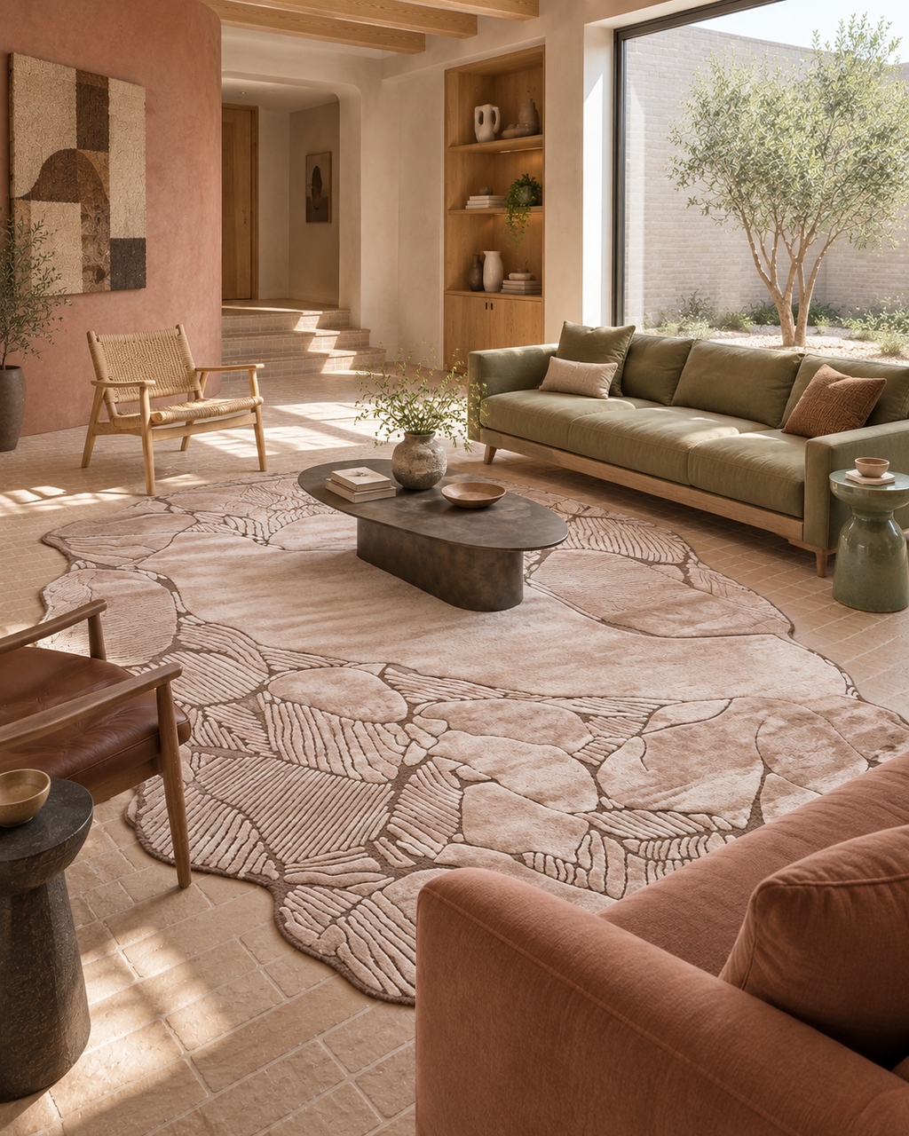Steenlaag vloerkleed MZ-Y078, blush en bruine vlakken met ingesneden lijnen, als opengebroken steen, beeld 3