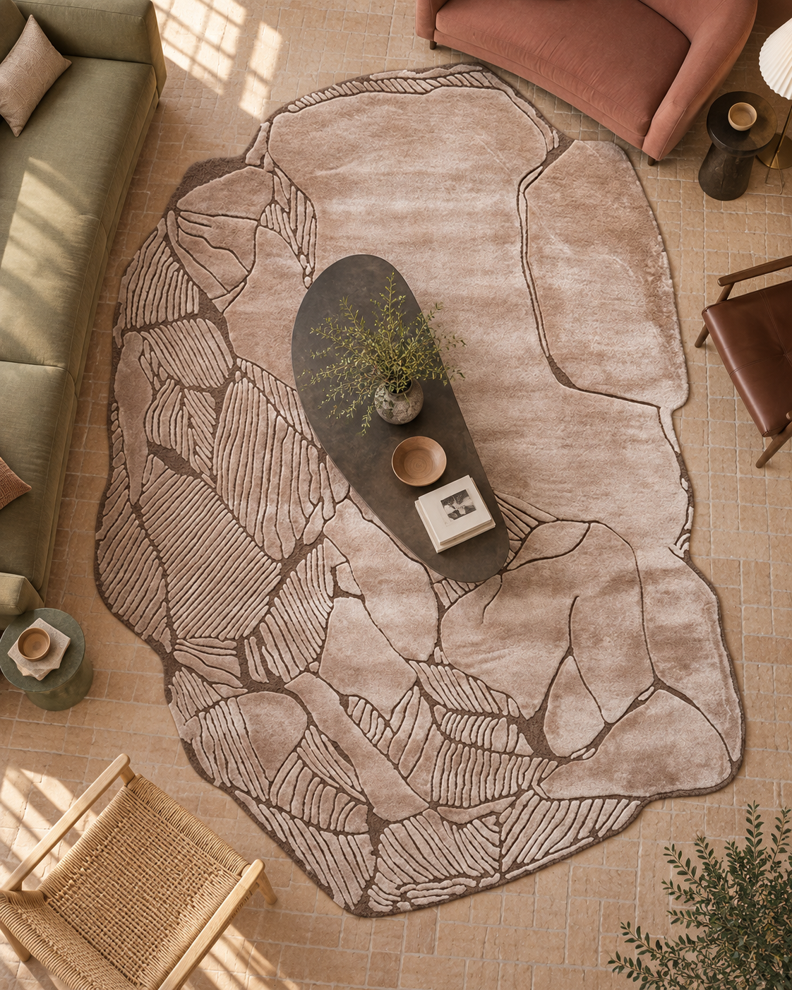 Steenlaag vloerkleed MZ-Y078, blush en bruine vlakken met ingesneden lijnen, als opengebroken steen, beeld 1