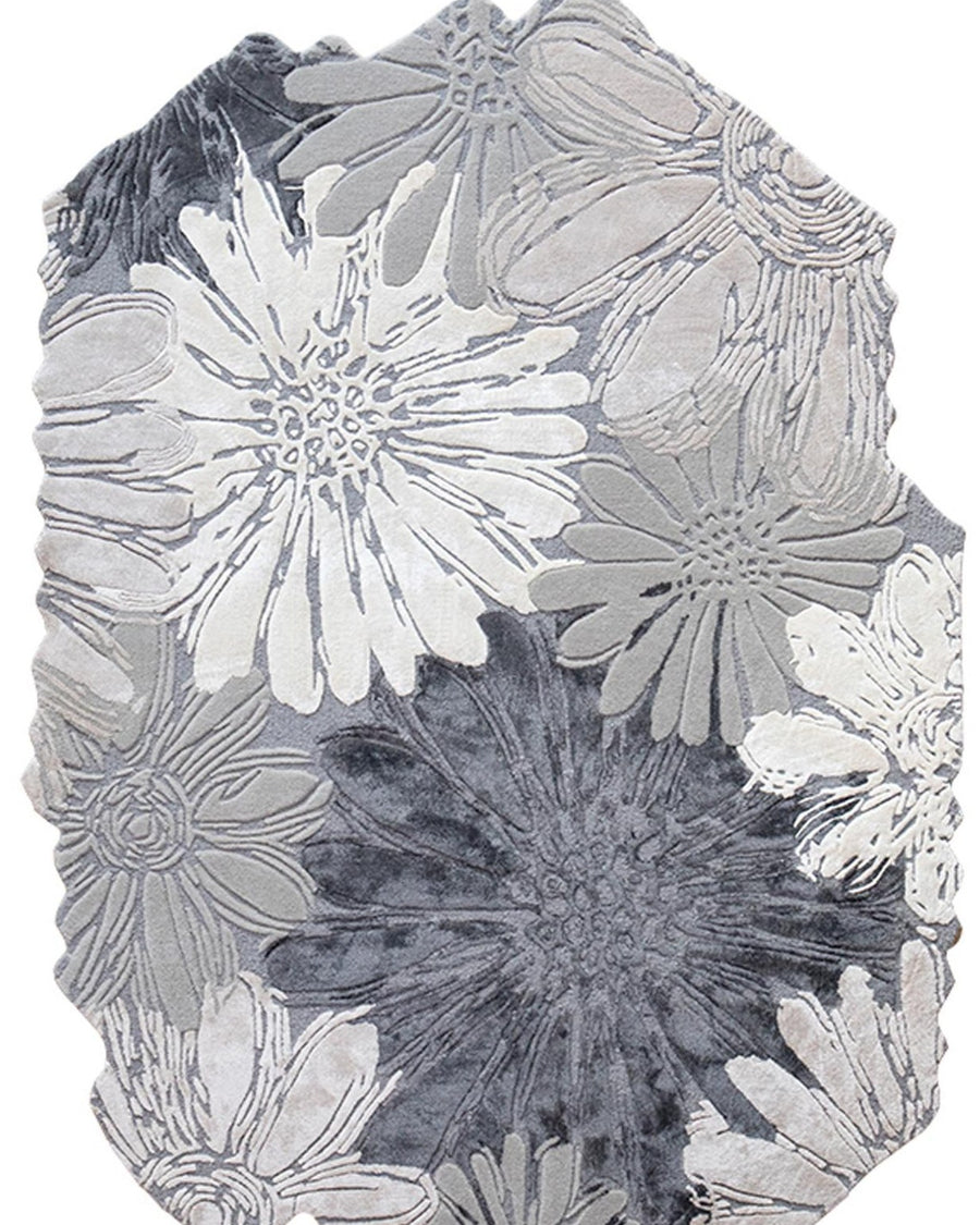 Chrysant vloerkleed MZ-Y080, grote chrysanten in grijs en gebroken wit