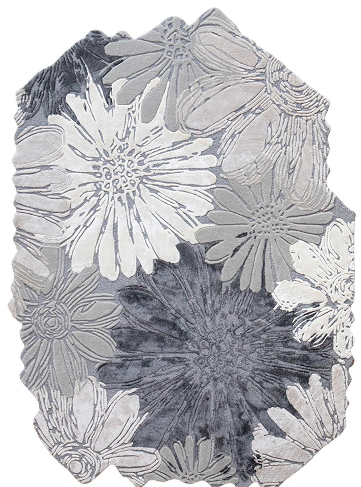 Chrysant vloerkleed MZ-Y080, grote chrysanten in grijs en gebroken wit