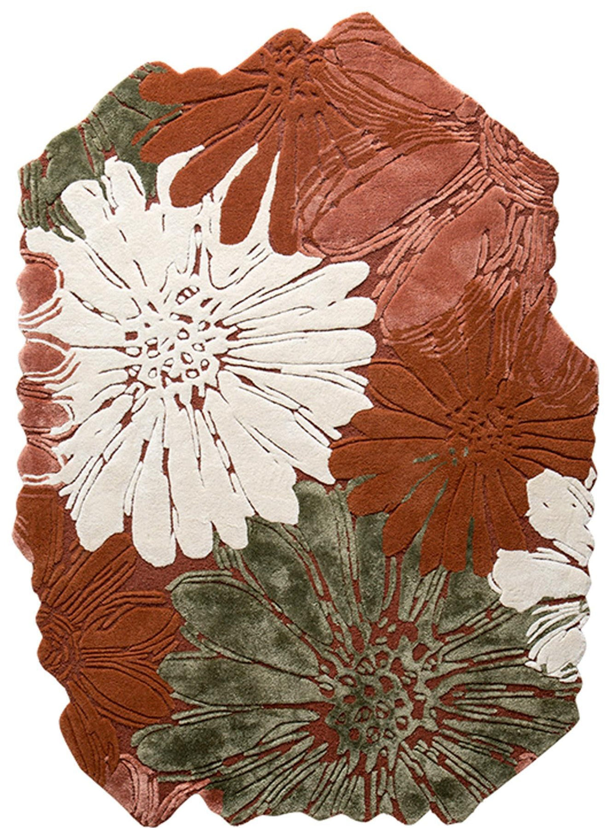 Herfst vloerkleed MZ-Y081, roestbruine ondergrond met crème en olijfgroene chrysanten die uit het oppervlak omhoog komen