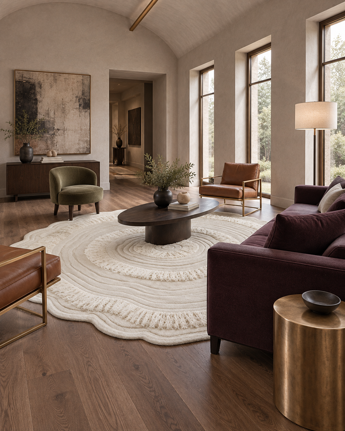 Warm interieur met een rond, gebeeldhouwd kleed in crème