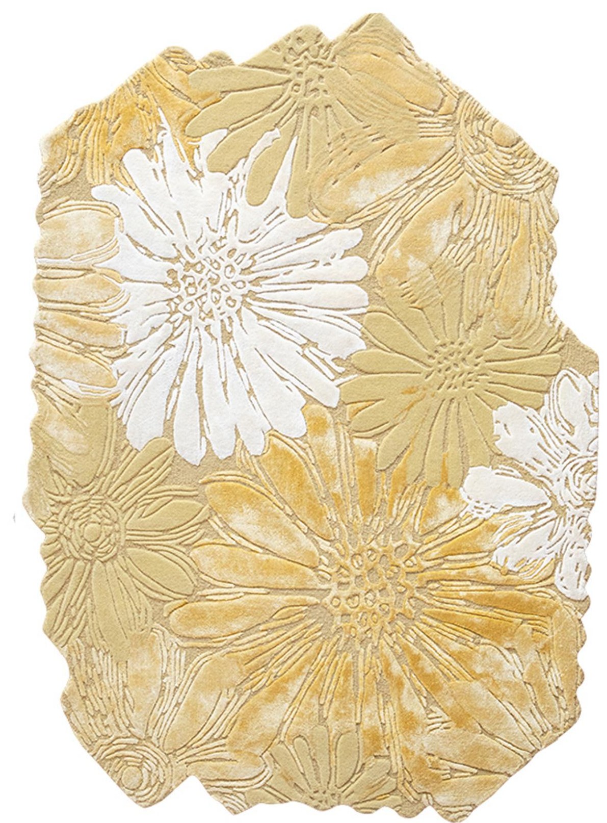Zon vloerkleed MZ-Y090, witte chrysanten in reliëf op een warm okergeel vlak
