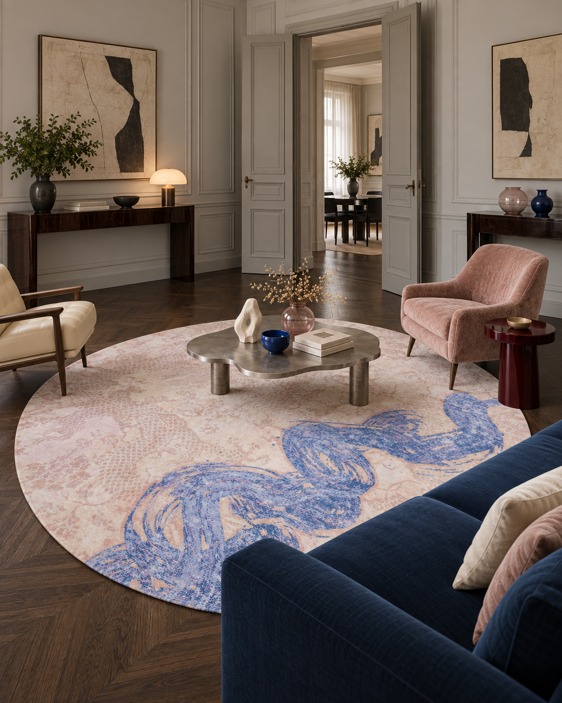 Stroom vloerkleed MZ-Y098, een brede blauwe penseelstreek kronkelt als een lint over een blush ondergrond, beeld 3
