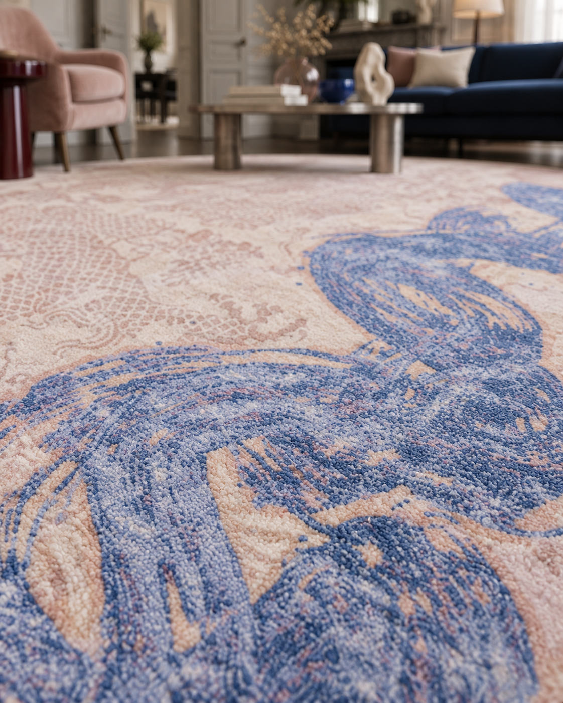 Stroom vloerkleed MZ-Y098, een brede blauwe penseelstreek kronkelt als een lint over een blush ondergrond, beeld 4