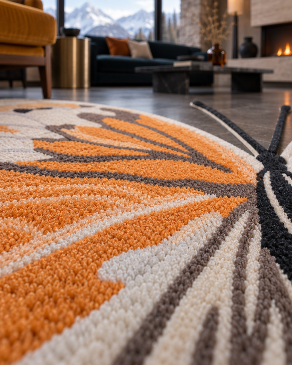 Vlinder vloerkleed MZ-Y099, het kleed is de vlinder: oranje, crème en zwarte vleugels met alle details in de tufting, beeld 2