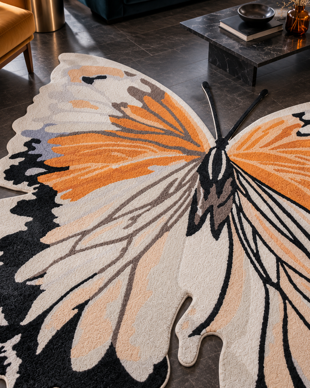 Vlinder vloerkleed MZ-Y099, het kleed is de vlinder: oranje, crème en zwarte vleugels met alle details in de tufting, beeld 5