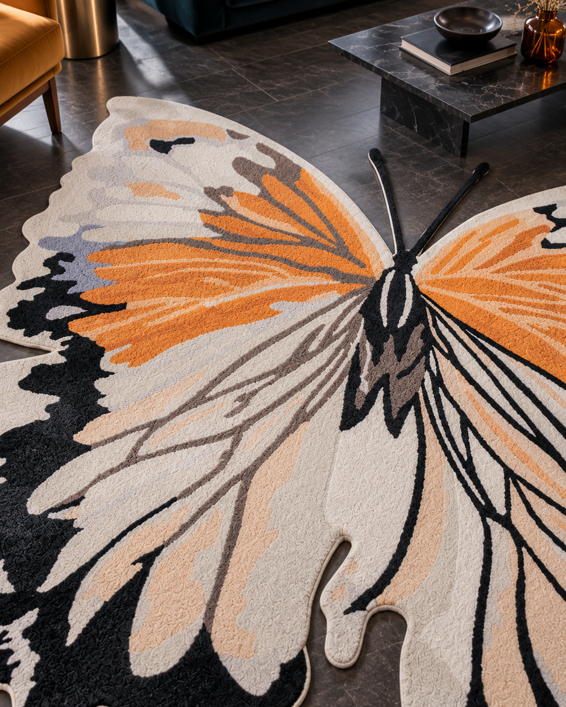 Vlinder vloerkleed MZ-Y099, het kleed is de vlinder: oranje, crème en zwarte vleugels met alle details in de tufting, beeld 5
