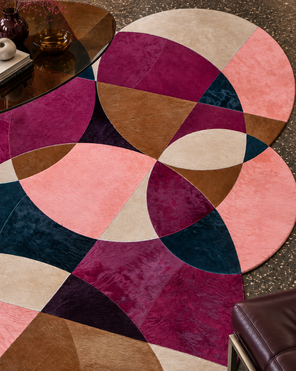 Confetti vloerkleed MZ-Y102, overlappende cirkels in magenta, blush, brons en inktblauw, beeld 2