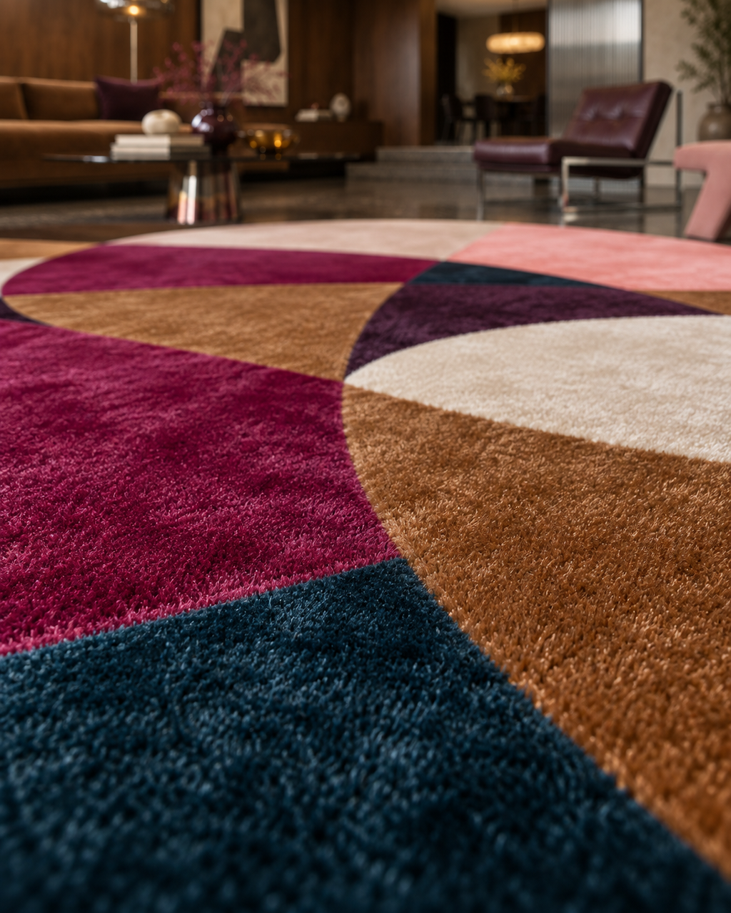 Confetti vloerkleed MZ-Y102, overlappende cirkels in magenta, blush, brons en inktblauw, beeld 3