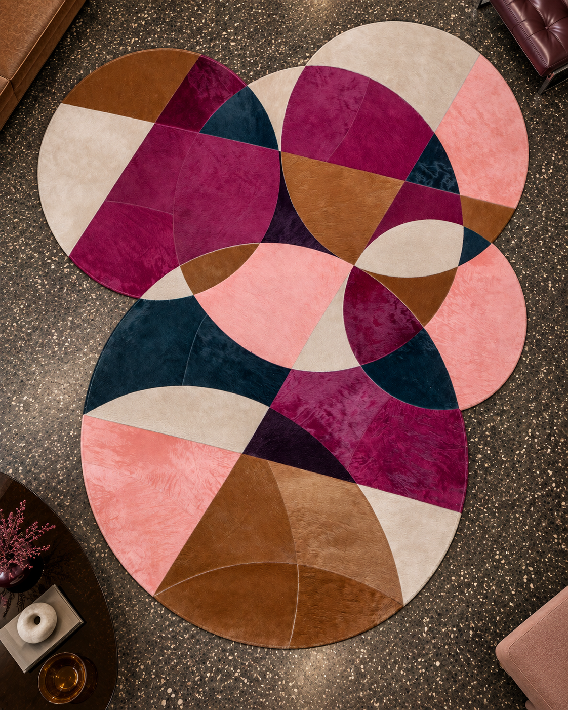 Confetti vloerkleed MZ-Y102, overlappende cirkels in magenta, blush, brons en inktblauw, beeld 1