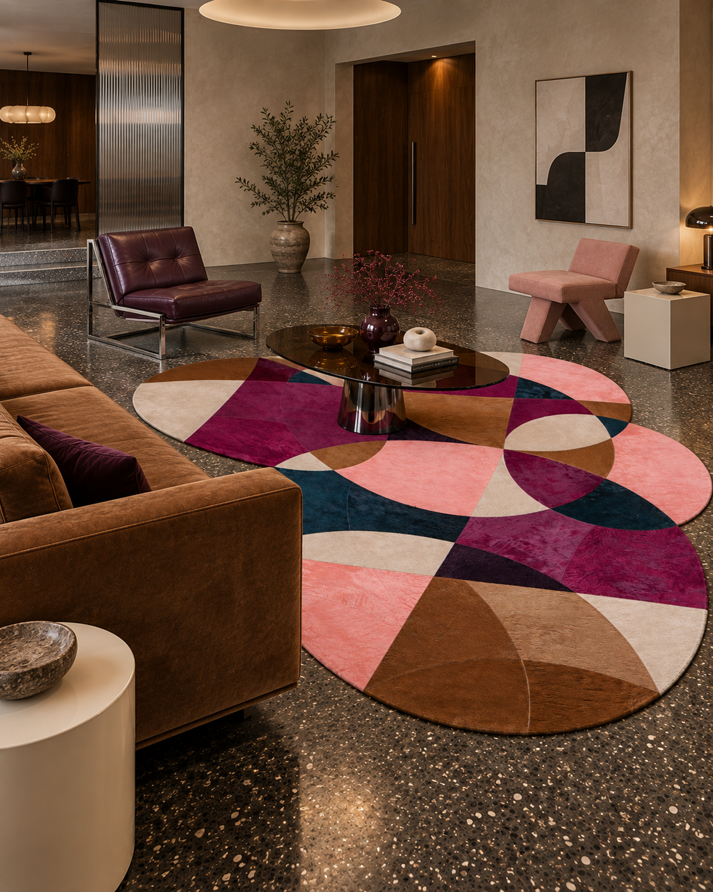 Confetti vloerkleed MZ-Y102, overlappende cirkels in magenta, blush, brons en inktblauw, beeld 4