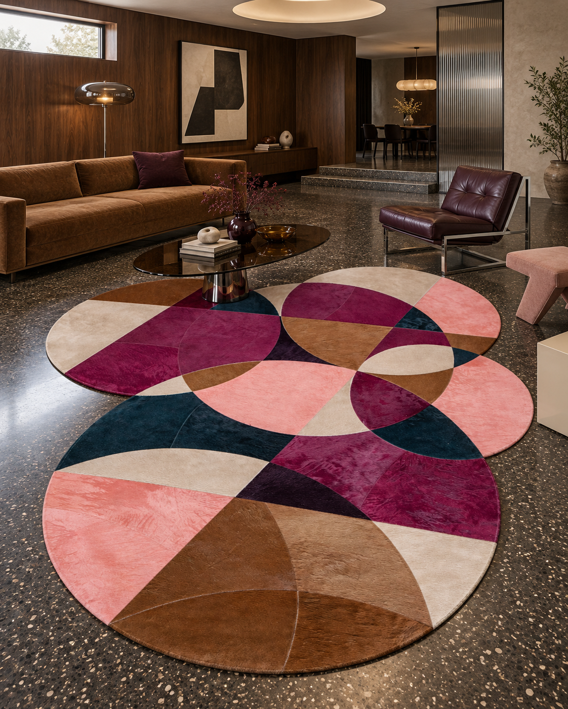 Confetti vloerkleed MZ-Y102, overlappende cirkels in magenta, blush, brons en inktblauw, beeld 5