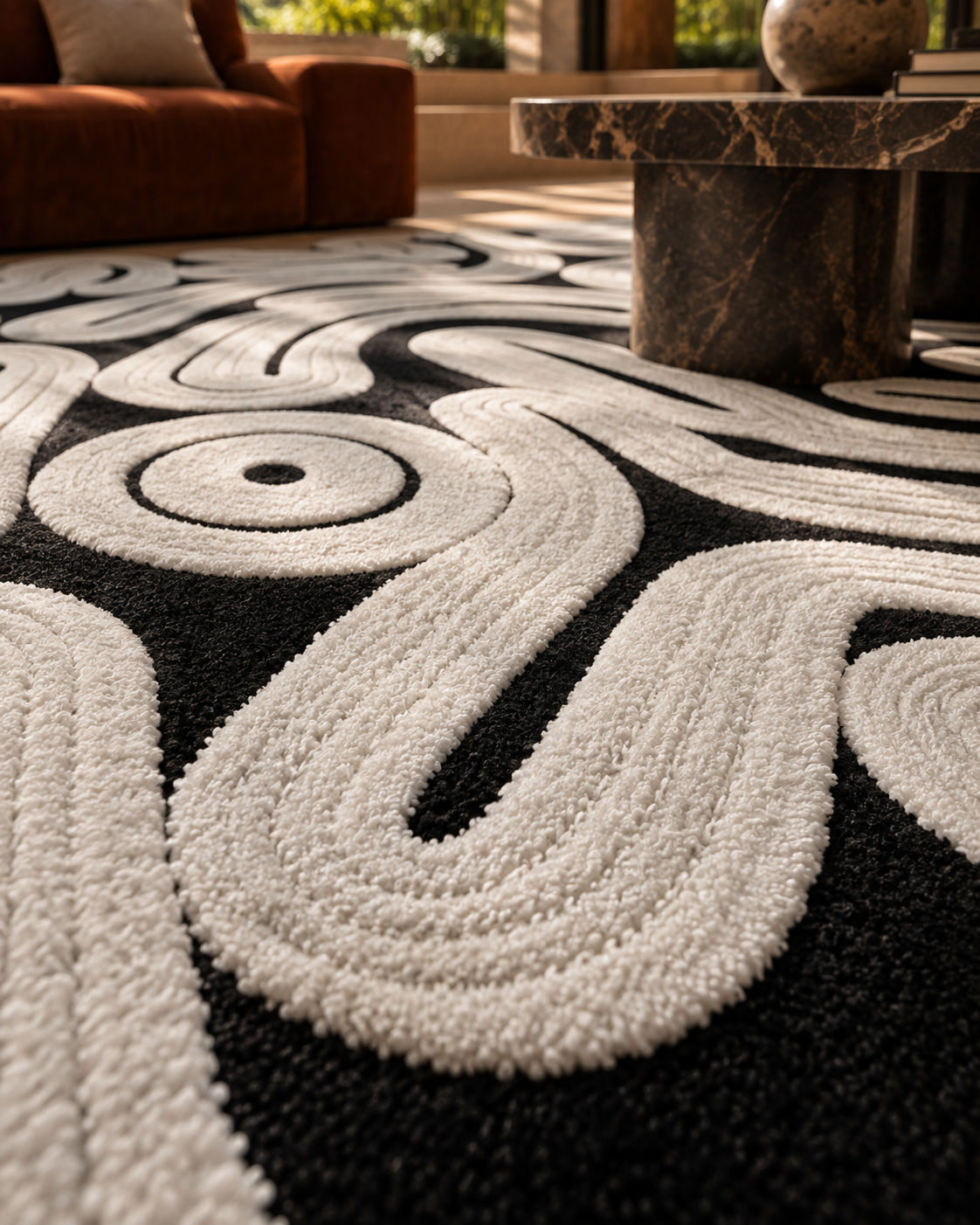 Knoop vloerkleed MZ-Y119, witte afgeronde staven met zwarte contour haken in elkaar tot één doorlopende knoop, beeld 4