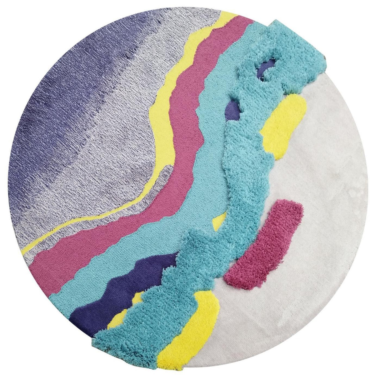 Streek vloerkleed MZ-Y144, één brede baan in petrol, geel en fuchsia loopt diagonaal over een licht vlak
