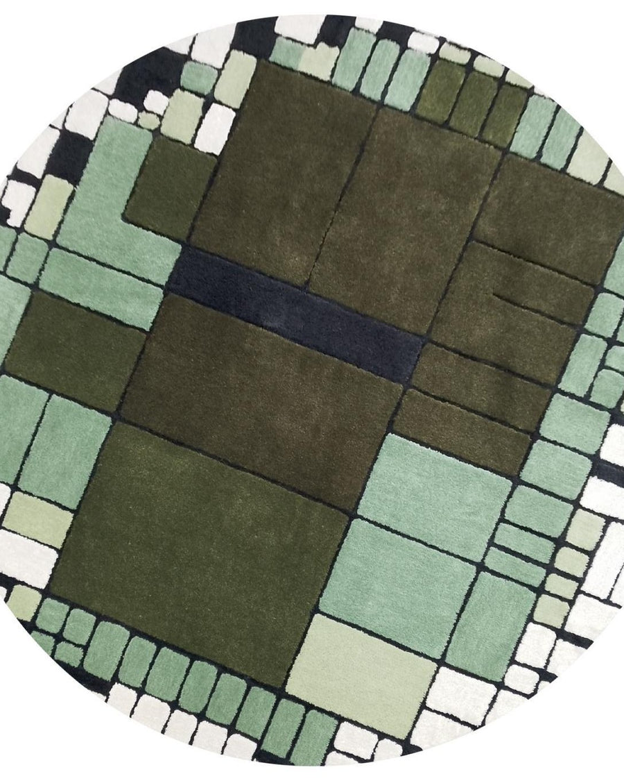 Veld vloerkleed MZ-Y155, groene en grijze vlakken in een raster, als landerijen van bovenaf gezien