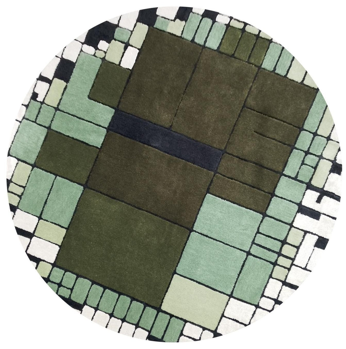 Veld vloerkleed MZ-Y155, groene en grijze vlakken in een raster, als landerijen van bovenaf gezien