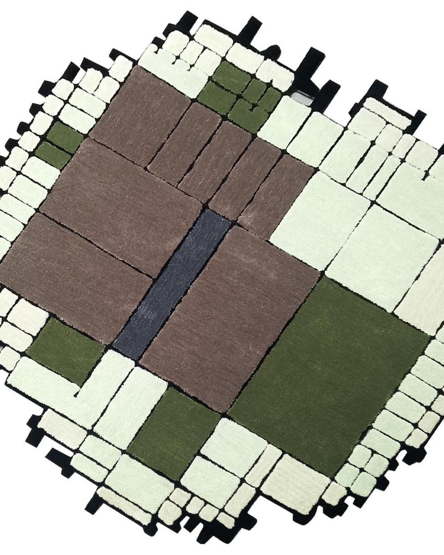 Terras vloerkleed MZ-Y168, olijfgroene en crème blokken in een losjes gelegd raster, met een gerafelde buitenrand