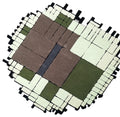Terras vloerkleed MZ-Y168, olijfgroene en crème blokken in een losjes gelegd raster, met een gerafelde buitenrand