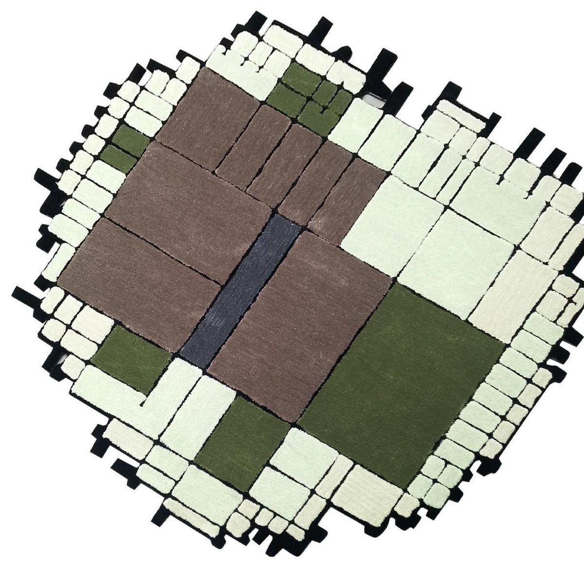 Terras vloerkleed MZ-Y168, olijfgroene en crème blokken in een losjes gelegd raster, met een gerafelde buitenrand