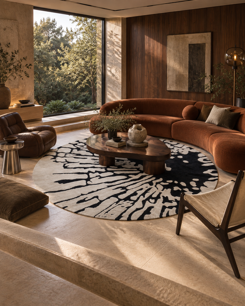 Inkt vloerkleed MZ-Y171, een diepzwarte inktvlek spat vanuit één kant uit over een crèmewit rond vlak, beeld 2