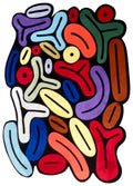 Lint vloerkleed MZ-Y191, gekleurde afgeronde staven kronkelen over een crèmewit vlak