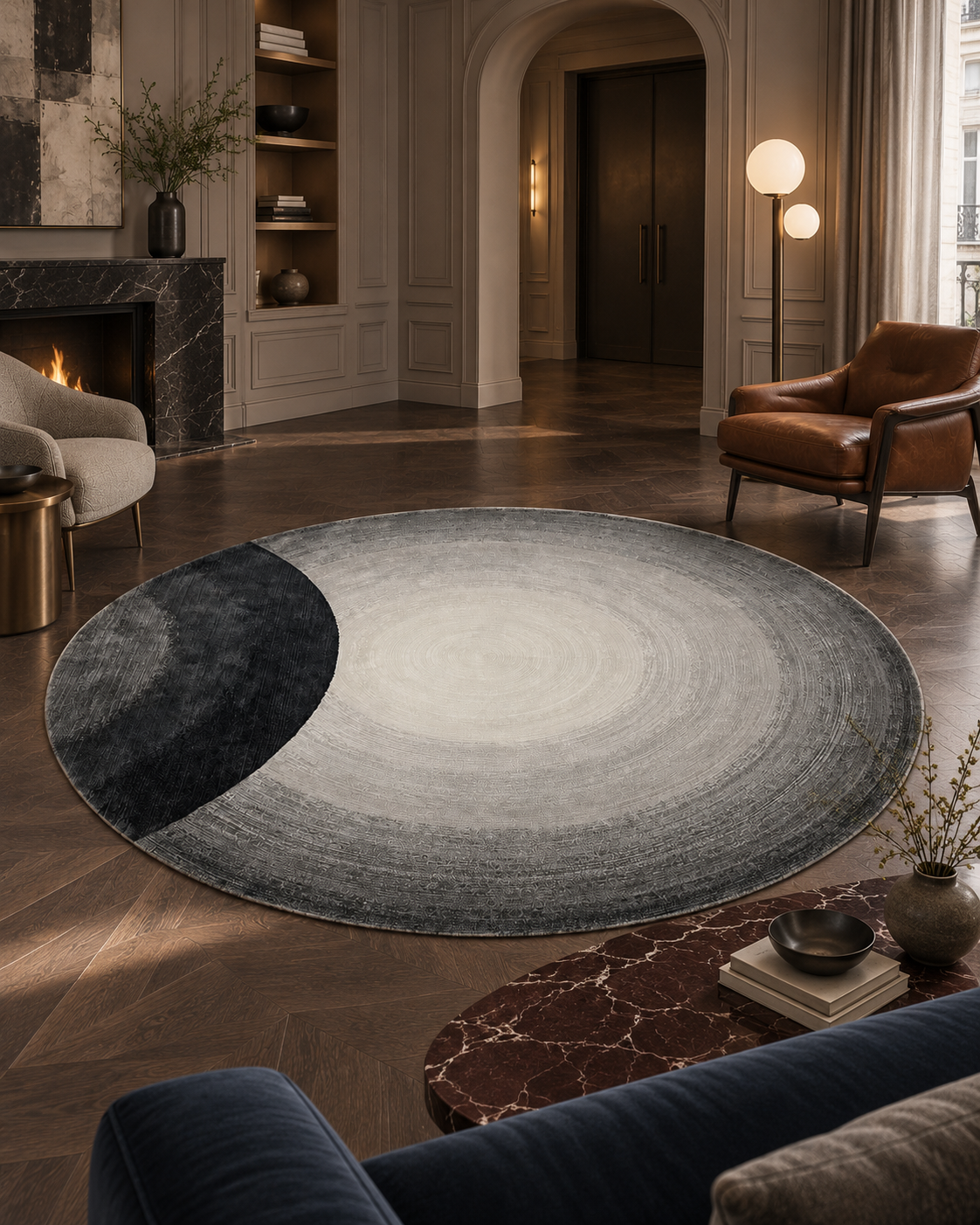 Eclips vloerkleed MZ-Y229, concentrische cirkels van gebroken wit naar grijs, met een diepzwarte sikkel, beeld 3