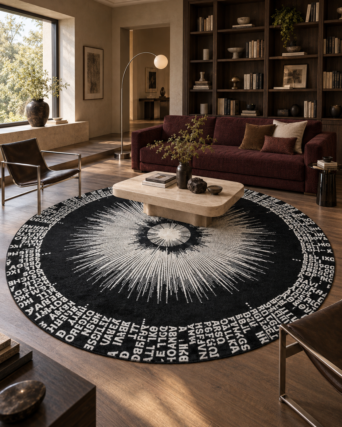 Signaal vloerkleed MZ-Y238, honderden witte stralen spatten uit een licht hart over een diepzwart rond vlak, omringd door een ring van letters, beeld 2