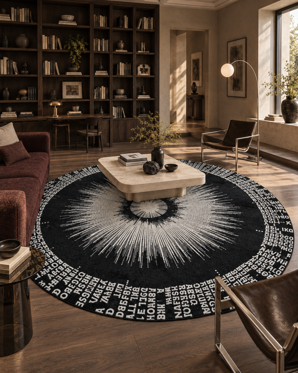 Signaal vloerkleed MZ-Y238, honderden witte stralen spatten uit een licht hart over een diepzwart rond vlak, omringd door een ring van letters, beeld 3