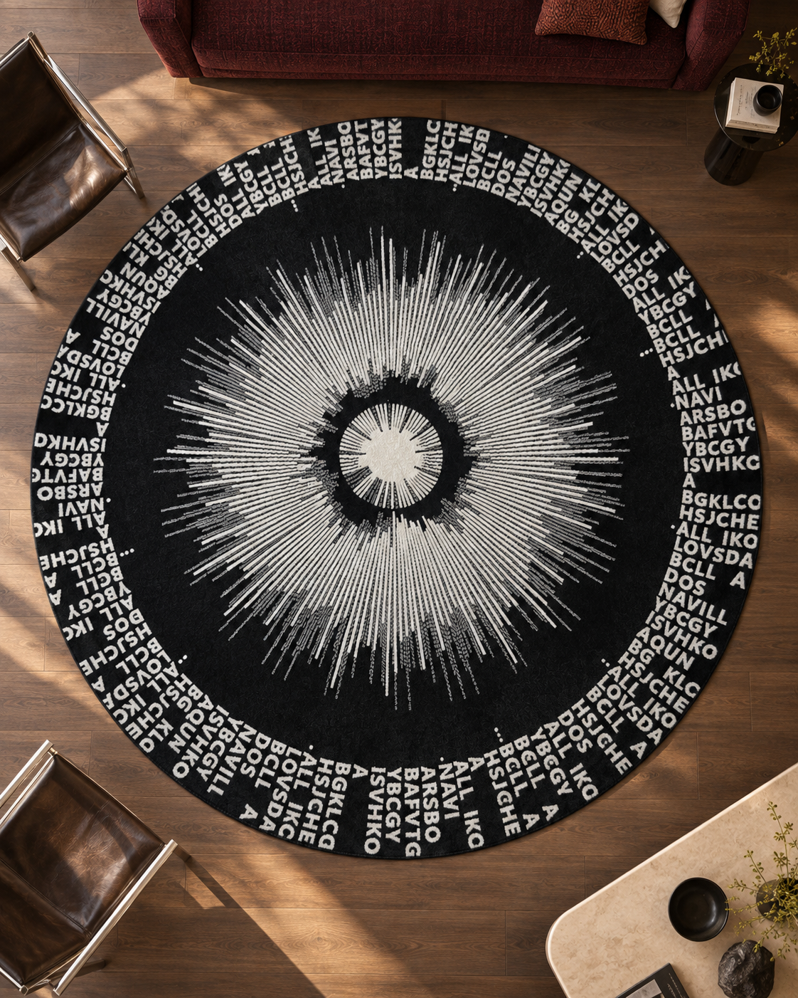 Signaal vloerkleed MZ-Y238, honderden witte stralen spatten uit een licht hart over een diepzwart rond vlak, omringd door een ring van letters, beeld 1